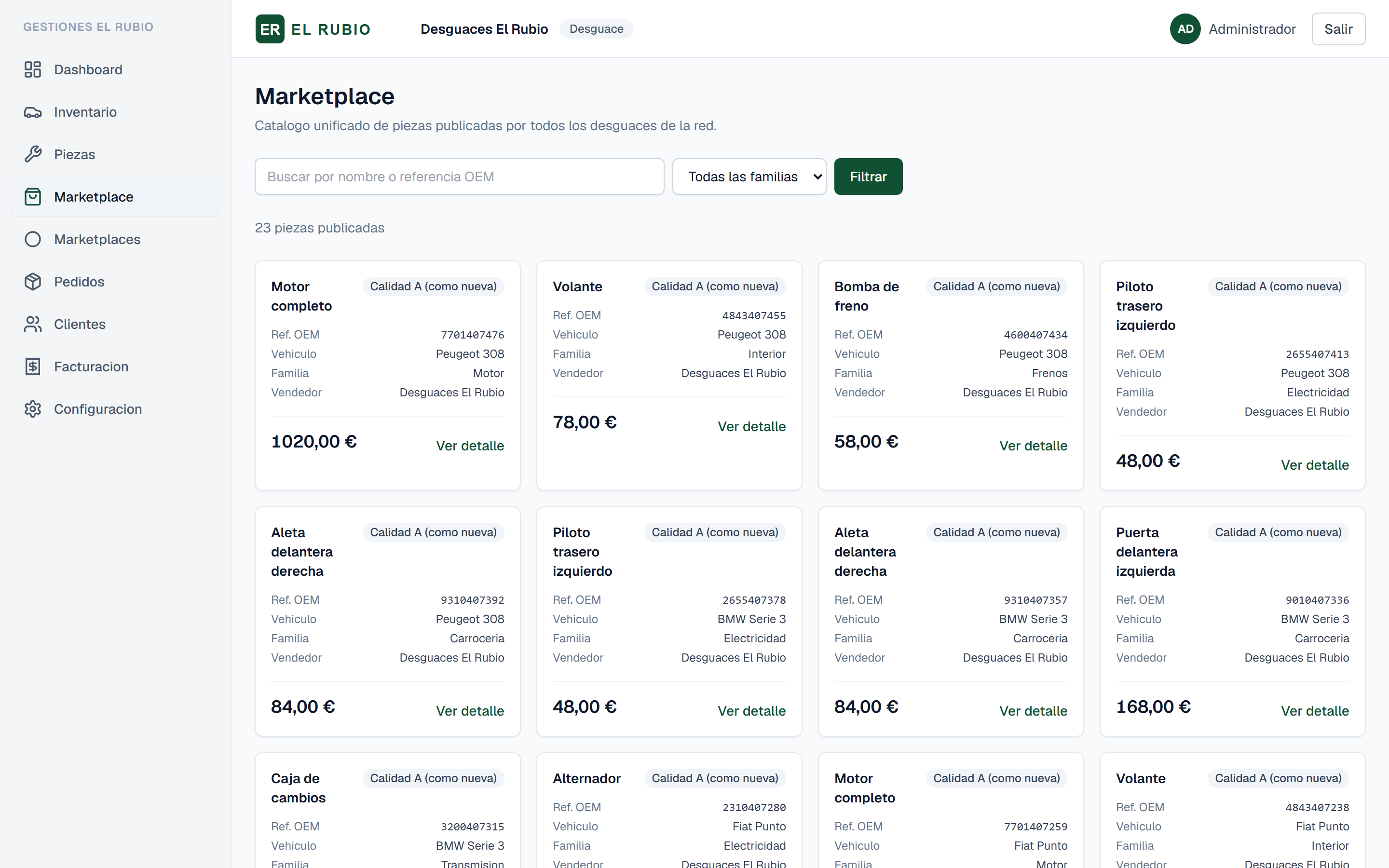 Marketplace de recambios usados de TusRecambios con piezas publicadas y pedidos